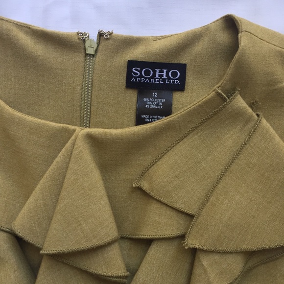 Sz 12 Mustard Green Dress with Ruffles on Front - Picture 2 of 6